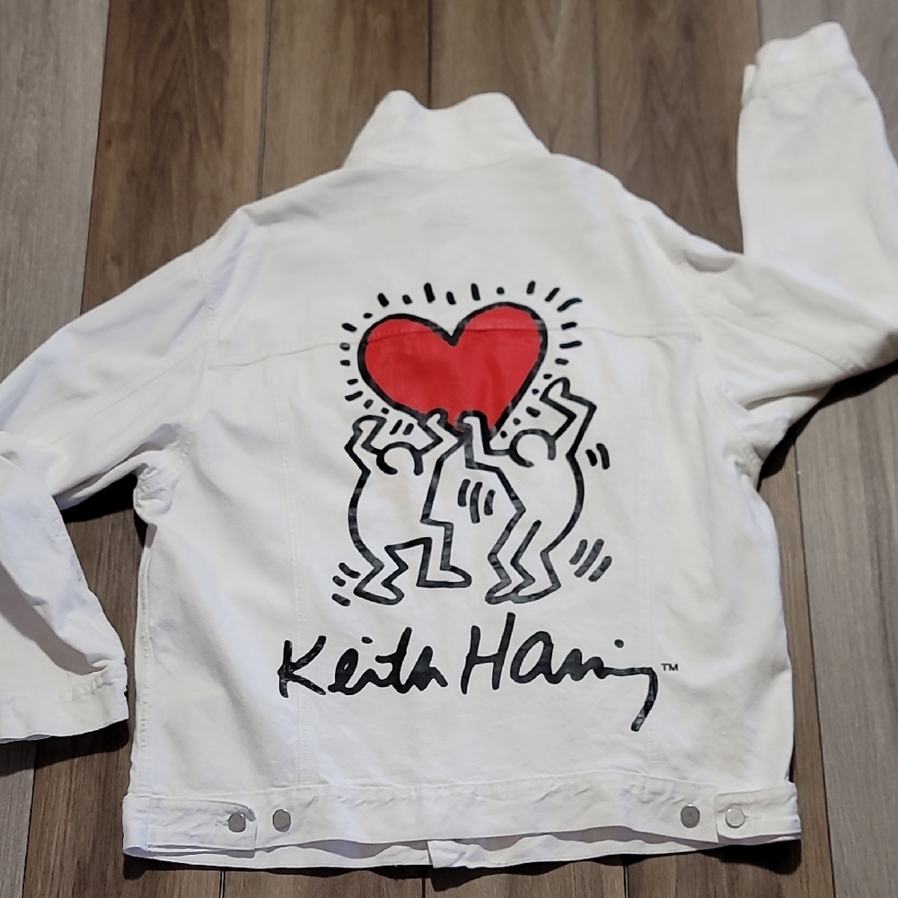 White Jean Jacket with Red Heart Graphic